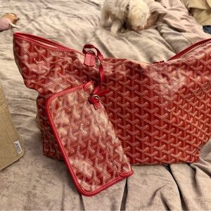 Red Designer-Pattern Tote with Matching Pouch